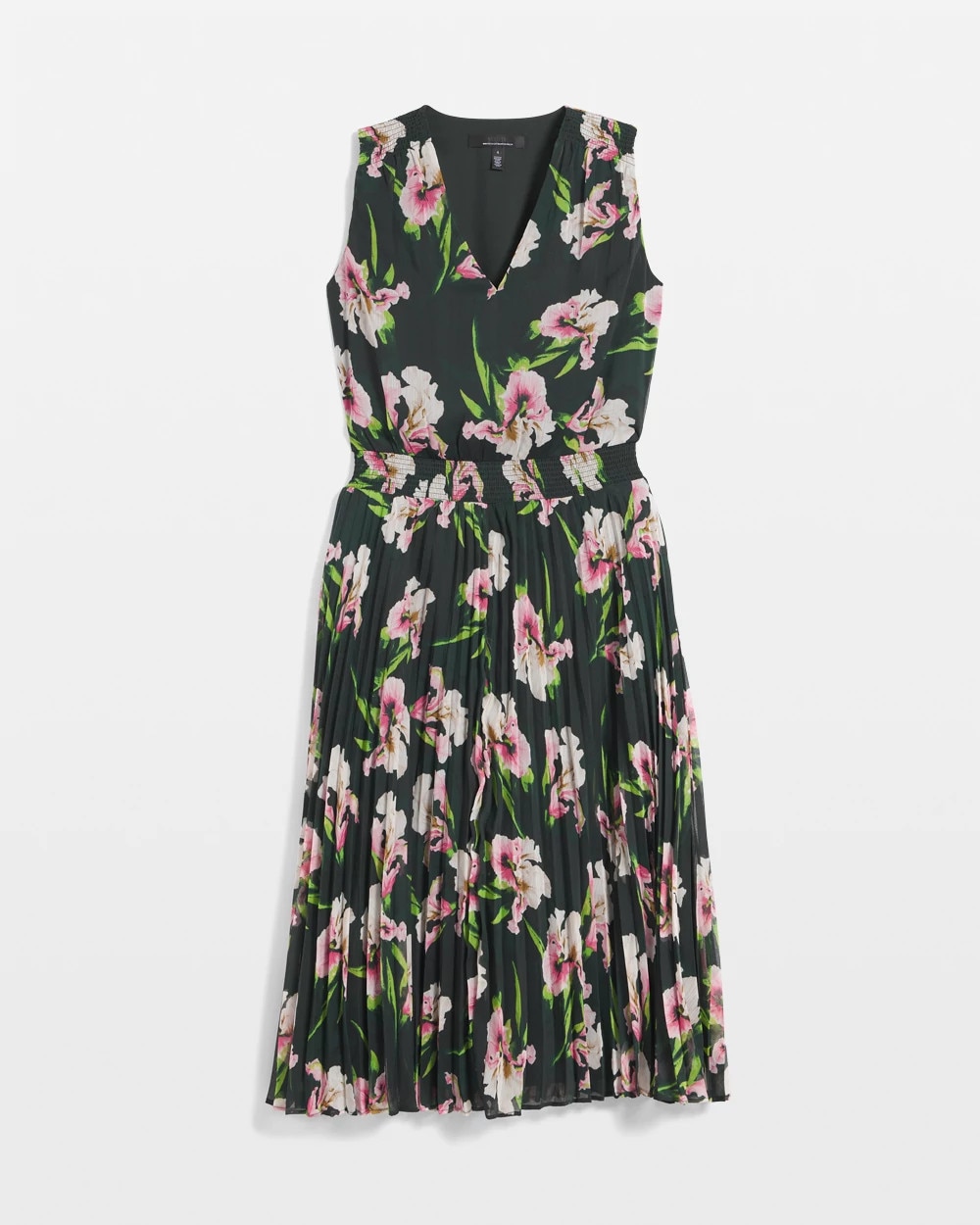 Sleeveless V-Neck Smocked Pleated Midi Dress