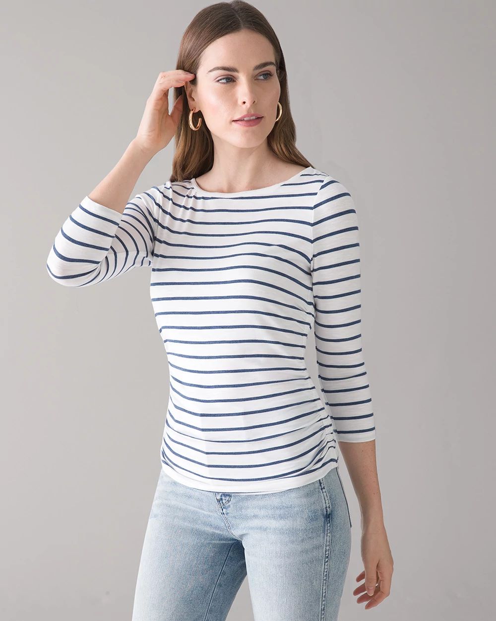 ¾ Sleeve Shirred-Side Knit Tee