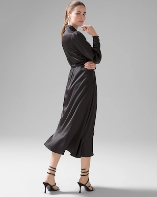 Long Sleeve Satin Ruffle Wrap Dress