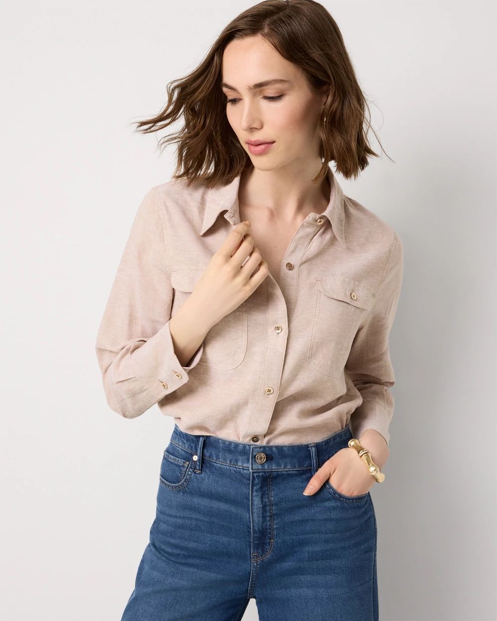Petite Linen-Blend Button Front Shirt