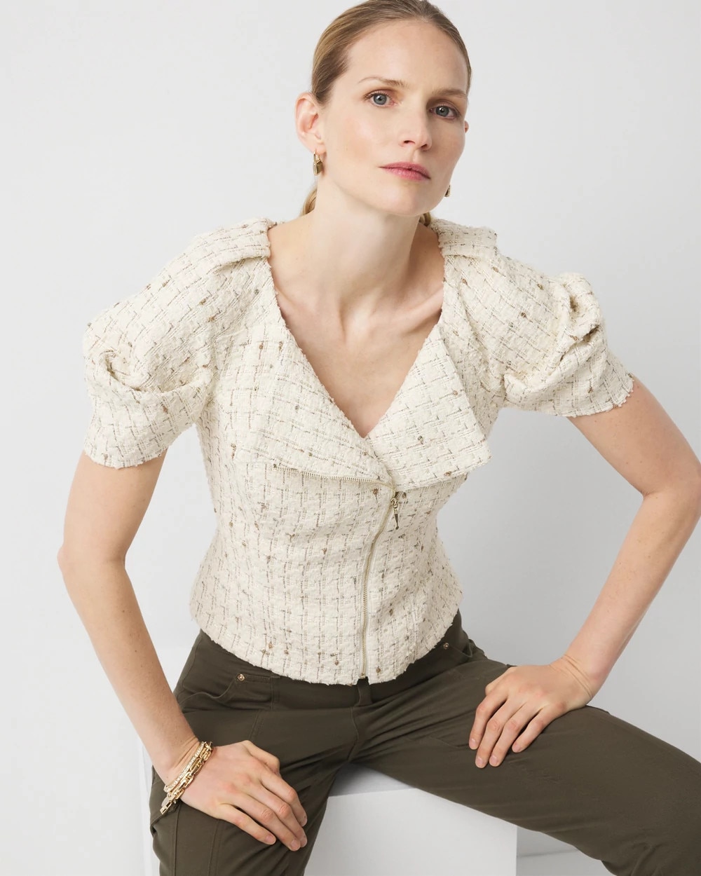 Puff Sleeve Tweed Top