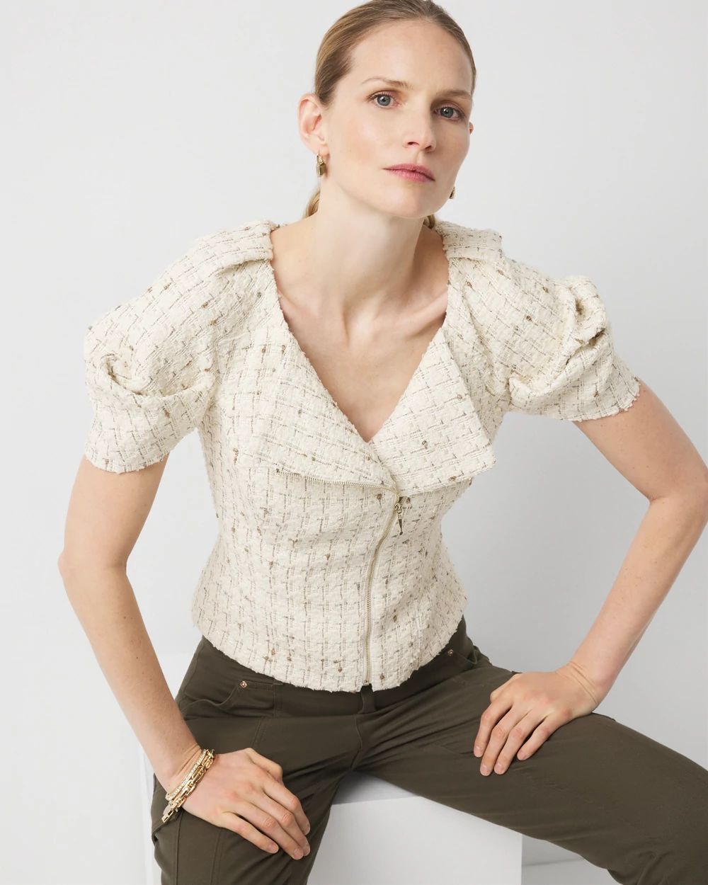Puff Sleeve Tweed Top click to view larger image.