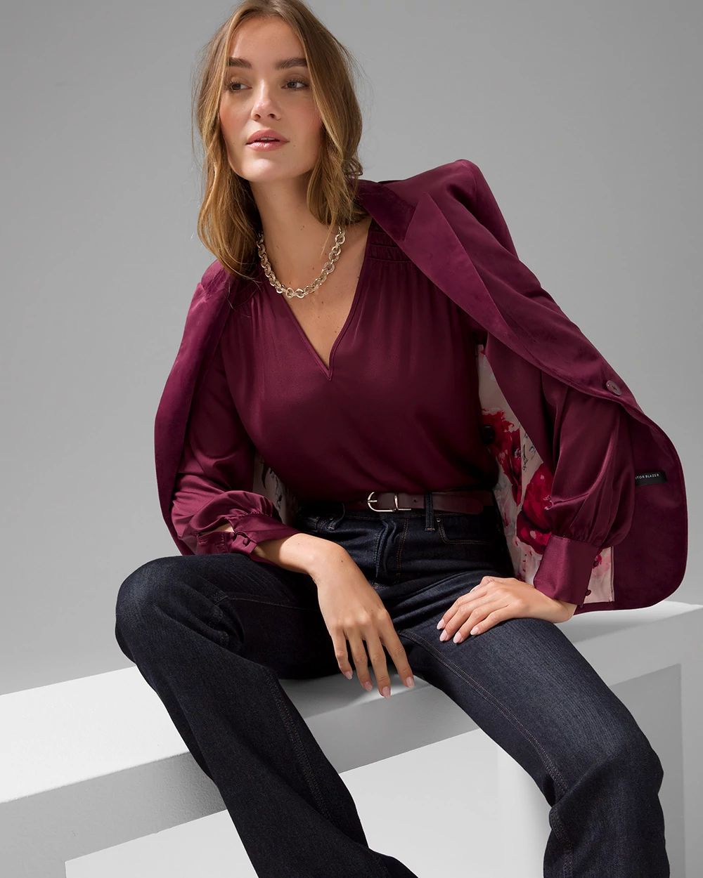 Smocked Shoulder Satin Blouse