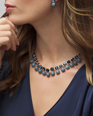 Gold Blue Double Row Short Strand Necklace