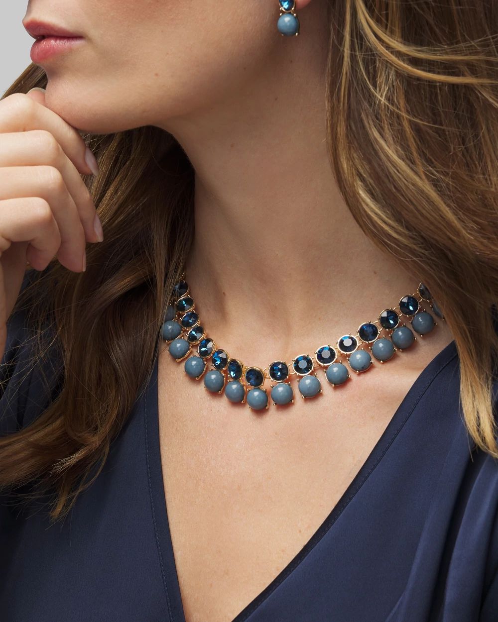 Gold Blue Double Row Short Strand Necklace