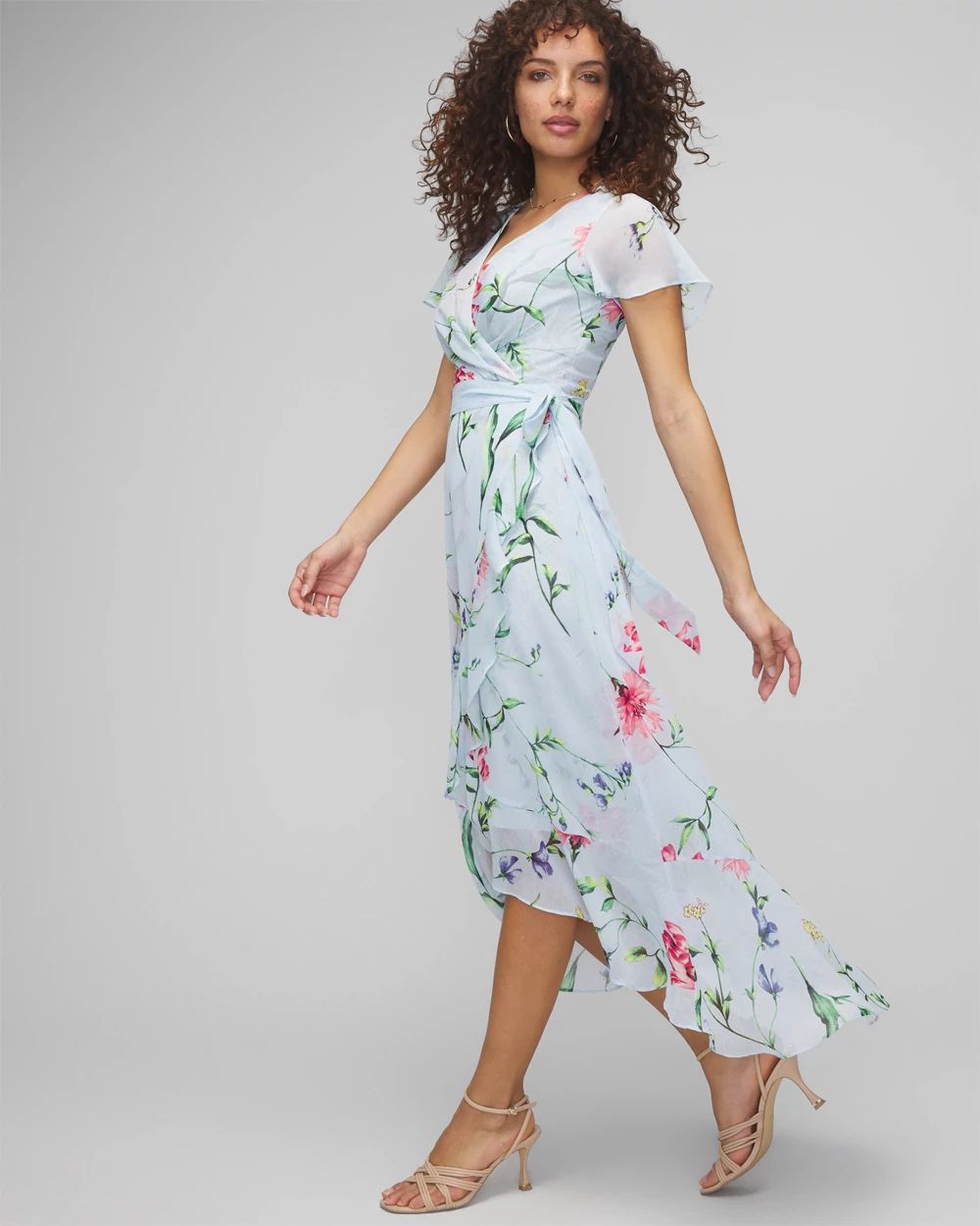 Short Sleeve Flutter Wrap Midi Dress click to view larger image.