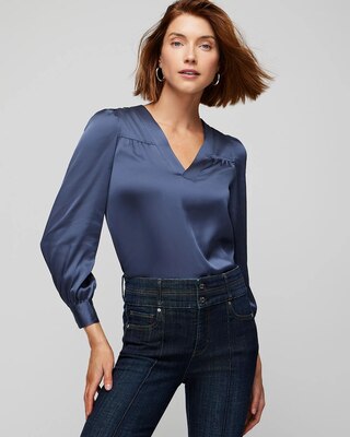 Long Sleeve Topstitch Satin Blouse