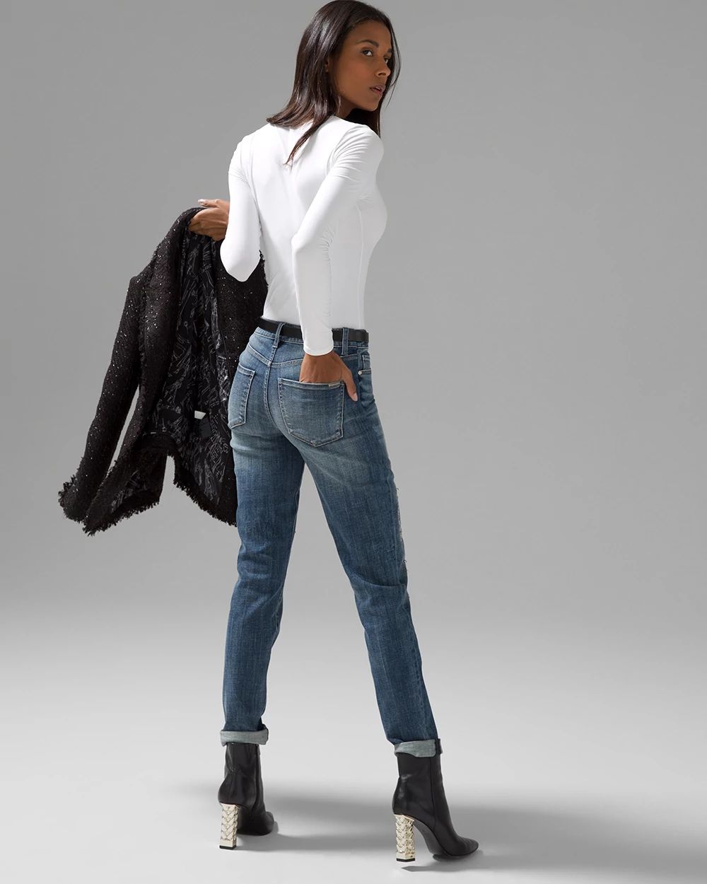 Mid Rise Everyday Soft Denim Embroidered Girlfriend Jeans