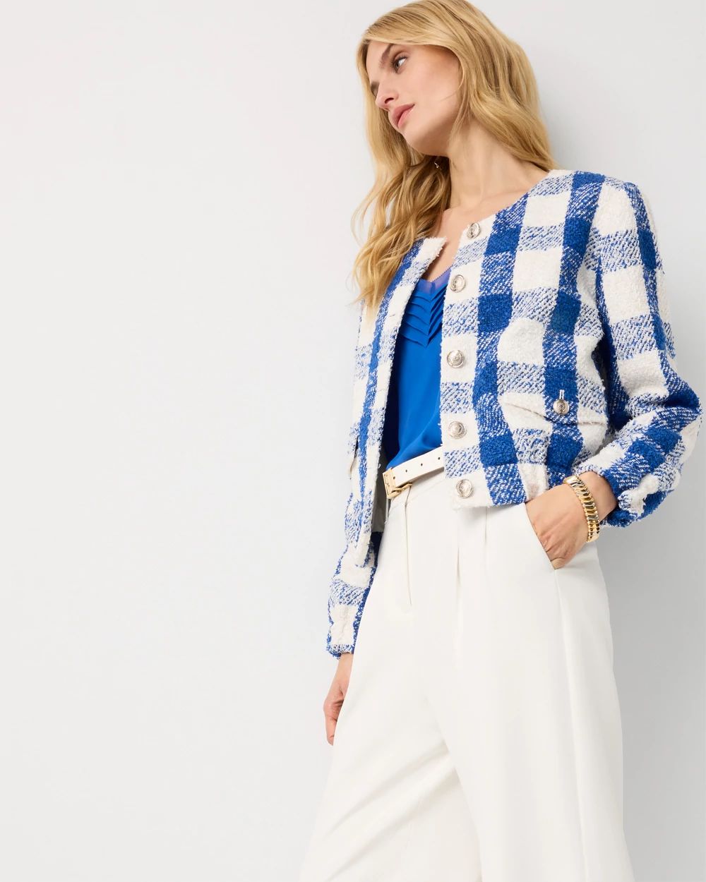 Petite Bouclé Plaid Bomber Jacket click to view larger image.