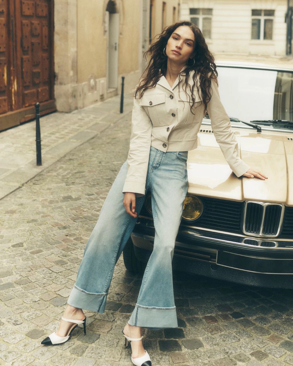 High-Rise Wide Leg Cuff Cropped Jean