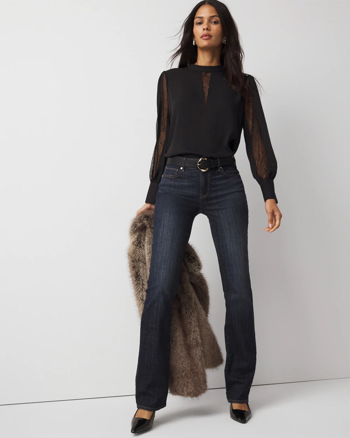 White House Black Market Lace + Crepe Blouse In Black