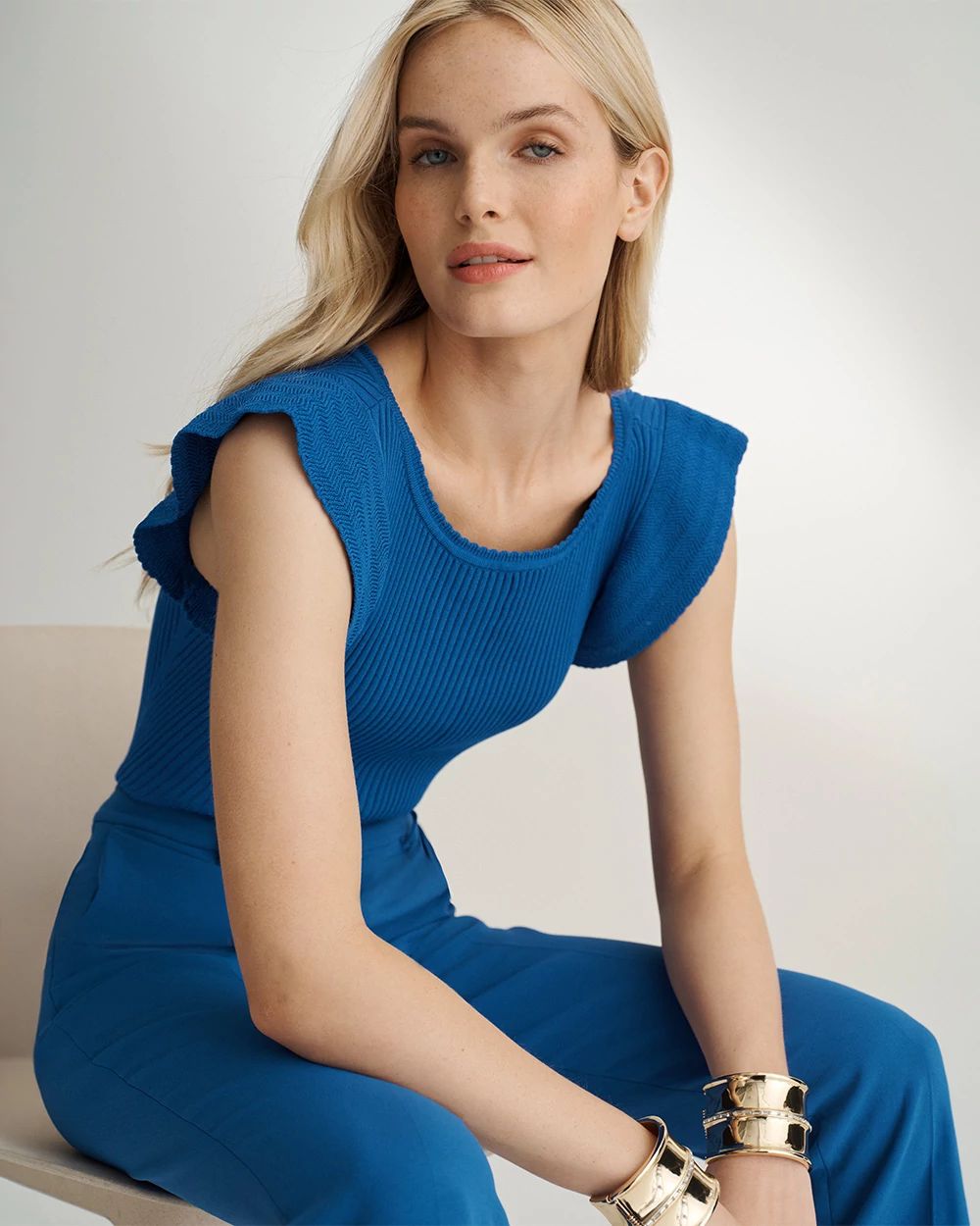 Flutter Sleeve Ribbed Pullover Sweater