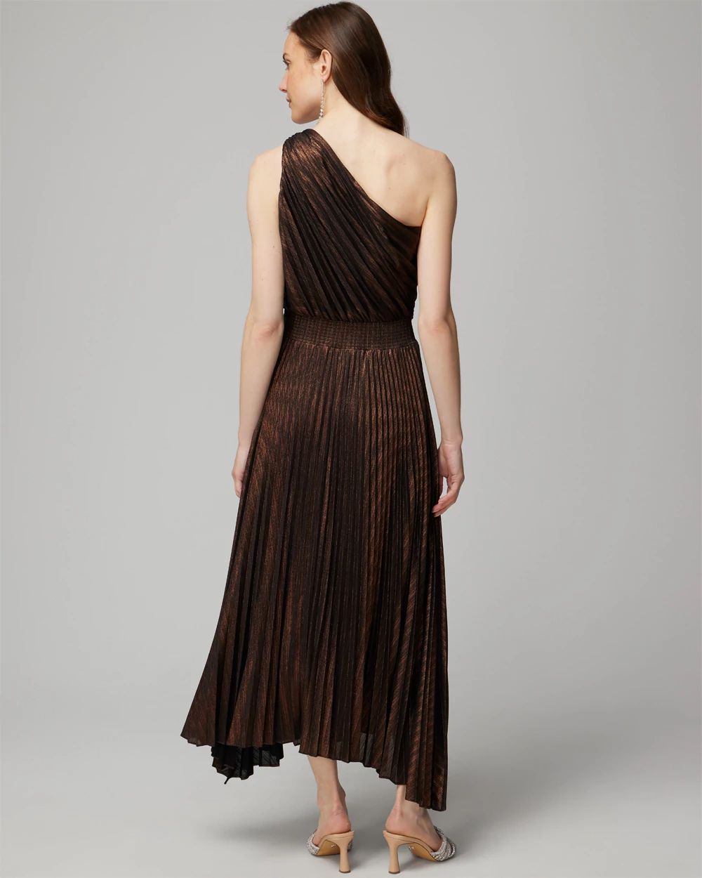 One-Shoulder Bronze Pleated Maxi Dress click to view larger image.
