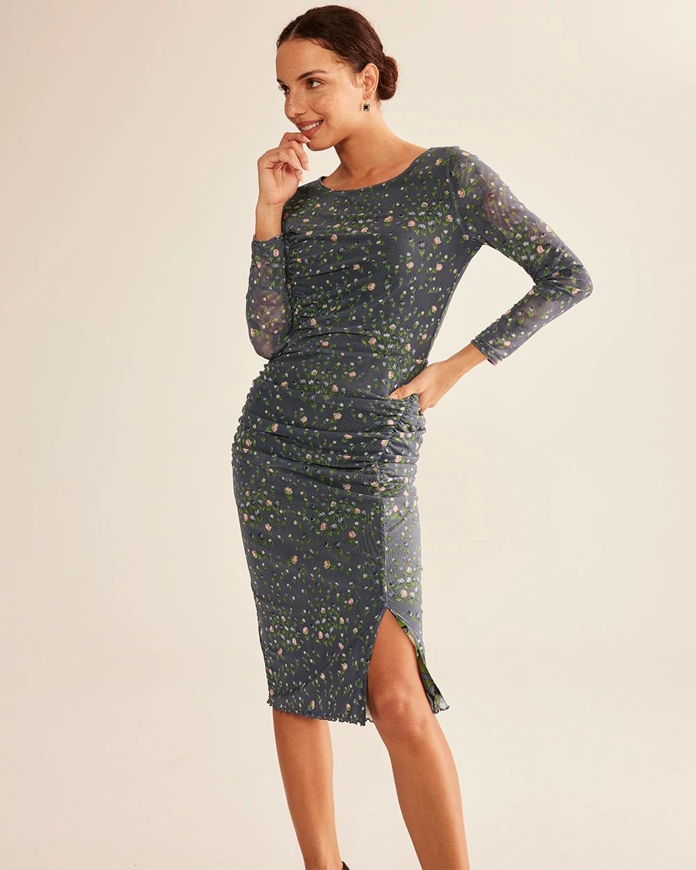 Long-Sleeve Reversible Mesh Sheath Dress