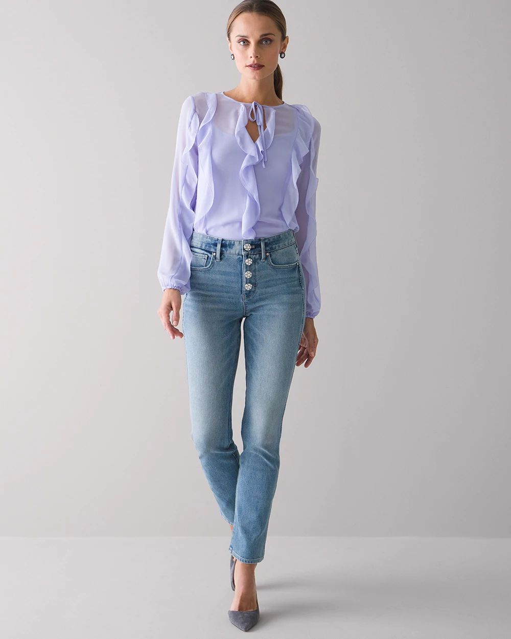 Petite High-Rise Sculpt Jewel Button Straight Ankle Jeans click to view larger image.