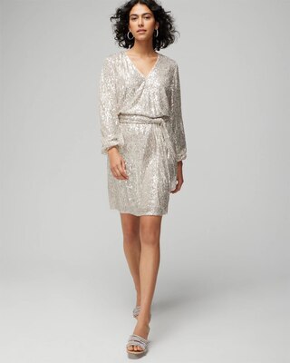 Long Sleeve Sequin Surplice Blouson Dress