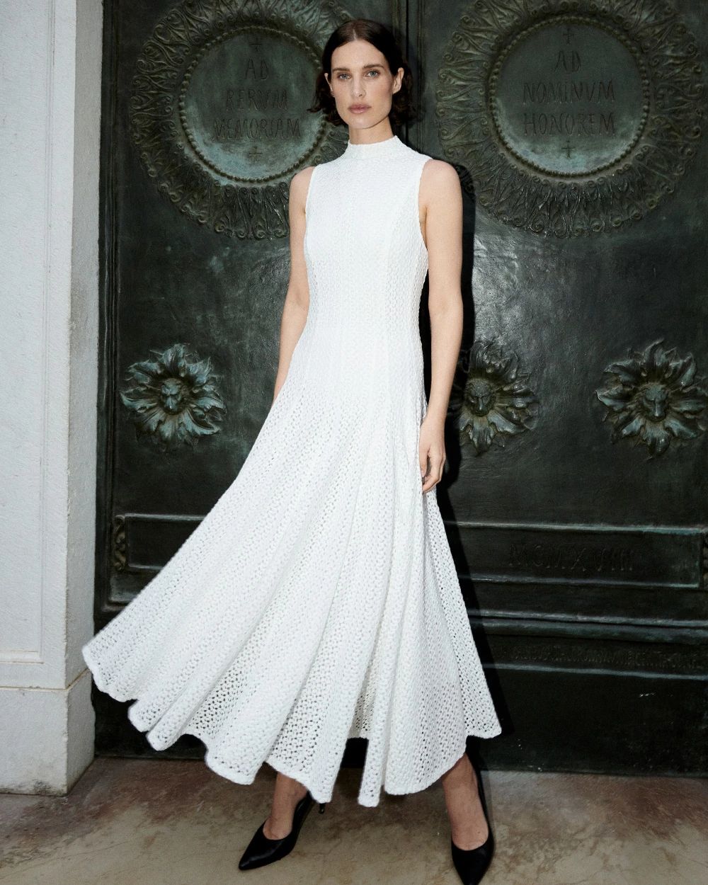 Mock Neck Knit Lace Midi Dress
