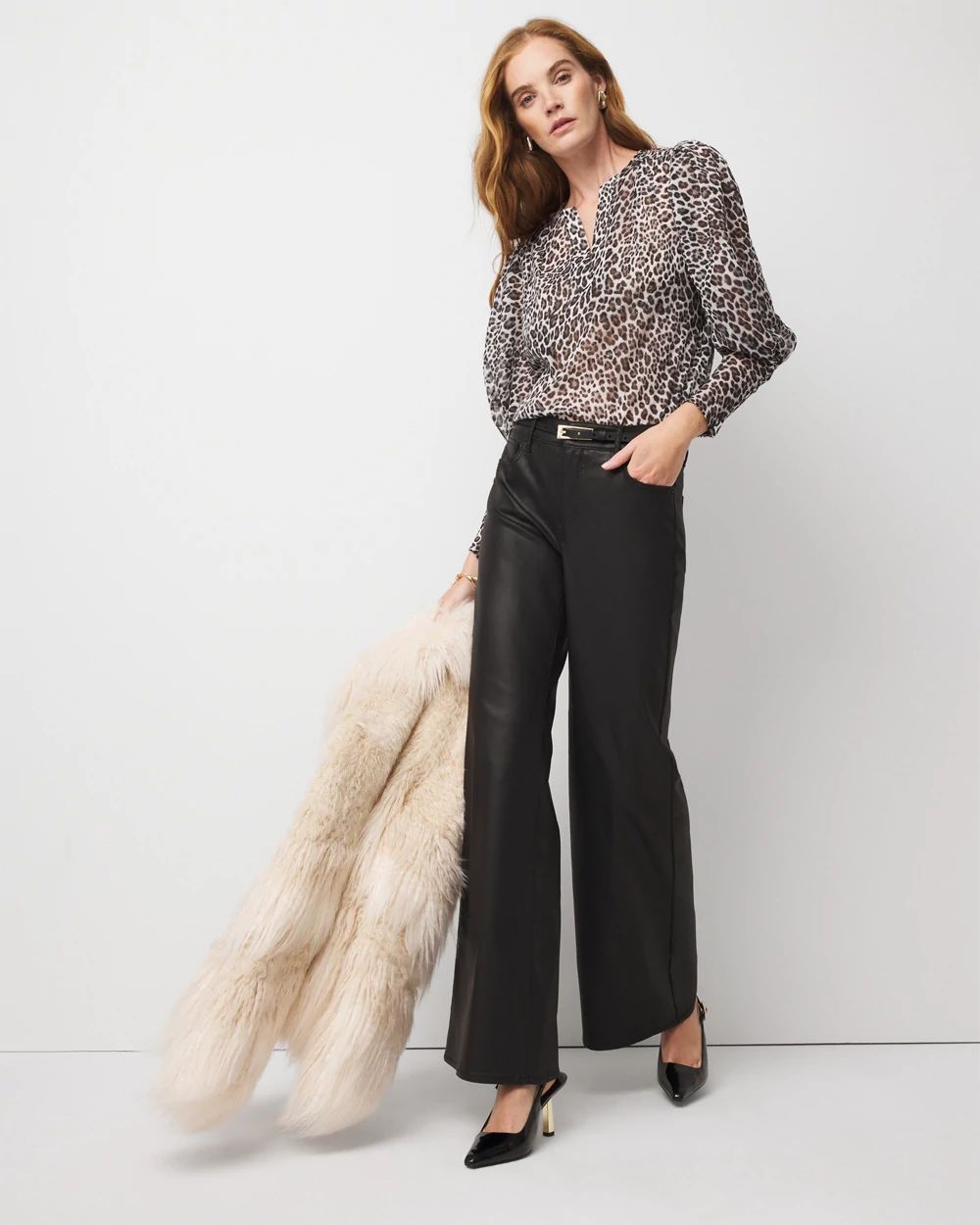 Leopard Jacquard Pleat Sleeve Blouse click to view larger image.