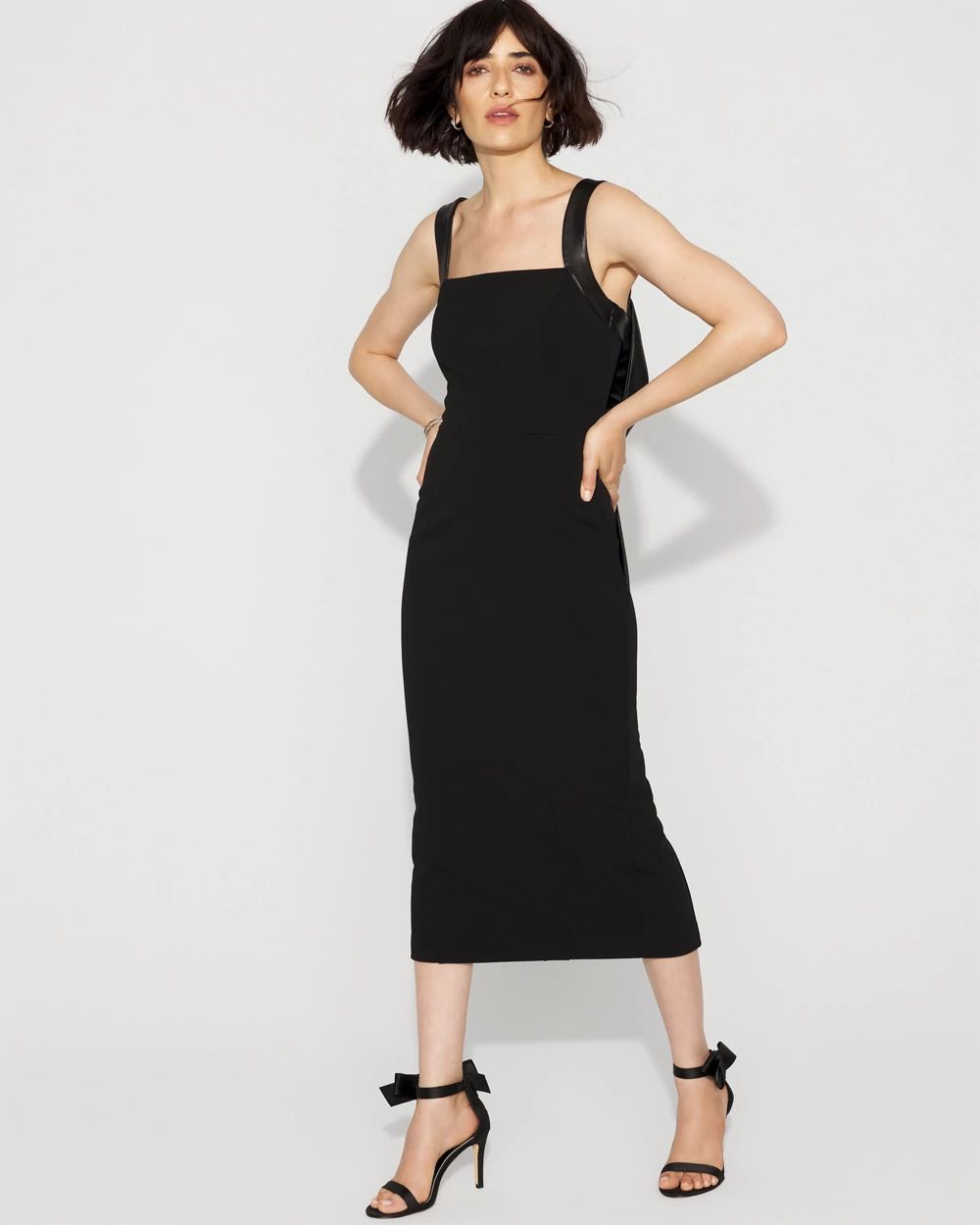 Crepe + Faux Leather Bow Midi Dress