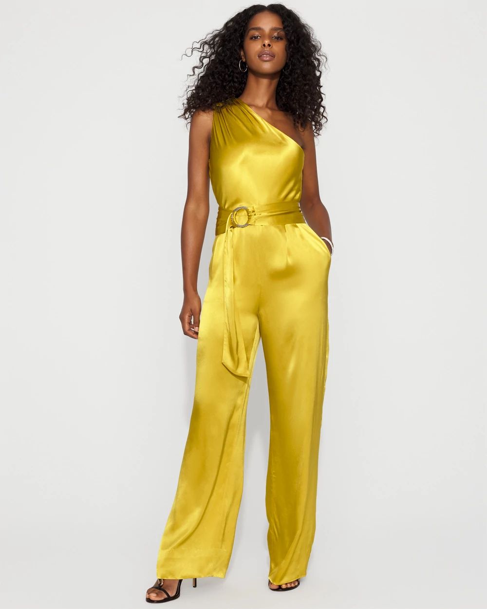 One-Shoulder Satin Belted Jumpsuit