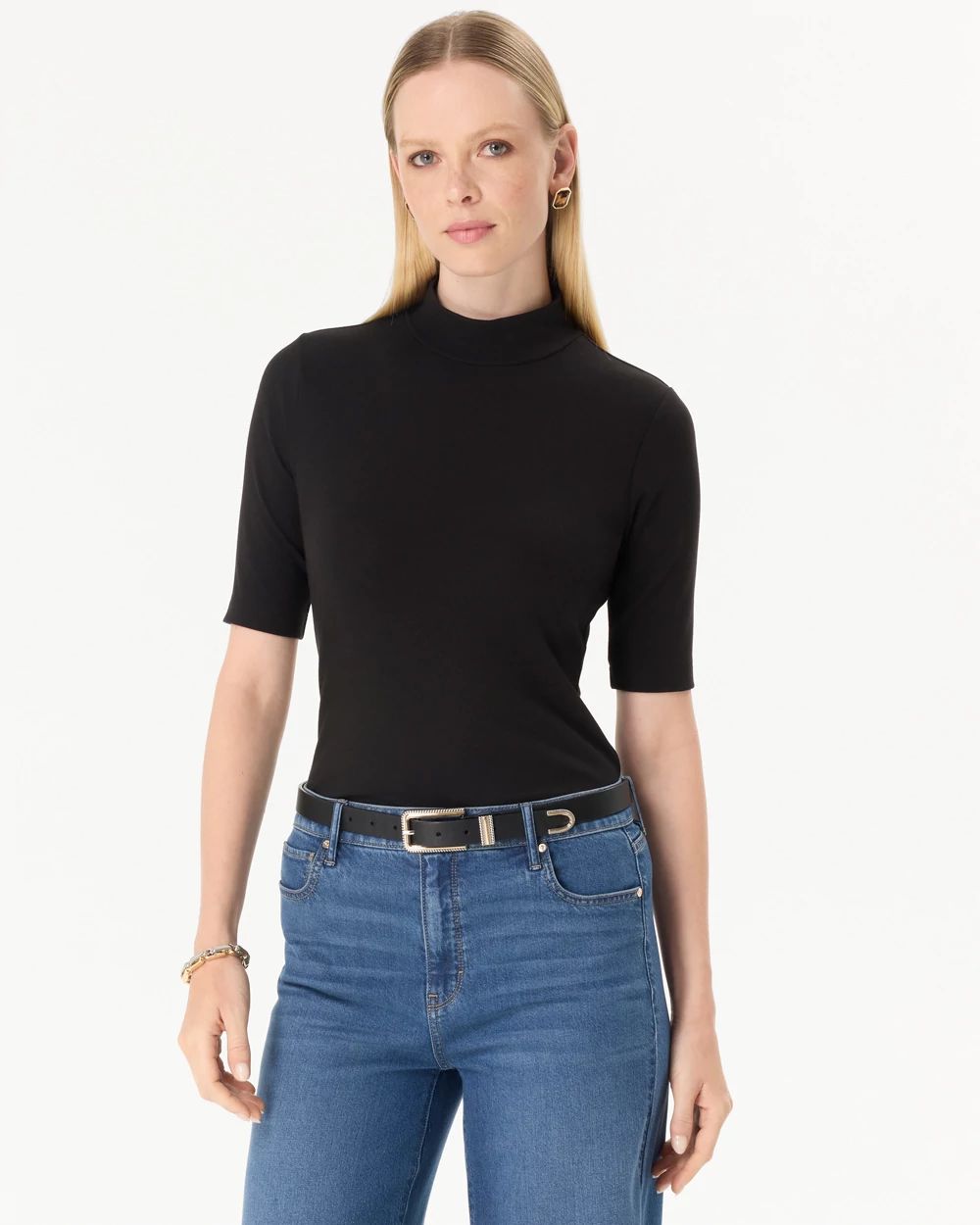 Mock Neck Elbow Sleeve Top