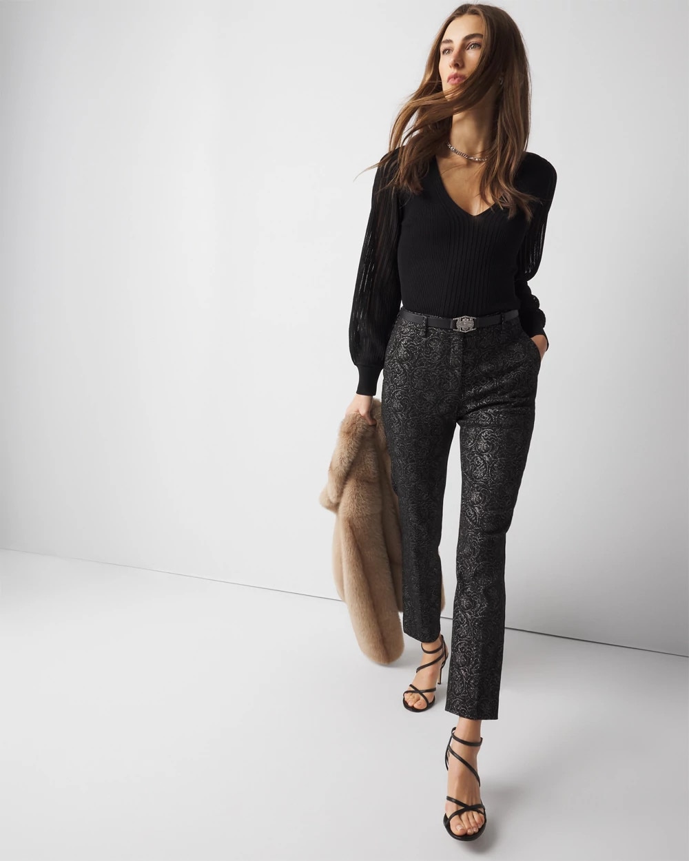 Sheer Sleeve V-Neck Sweater