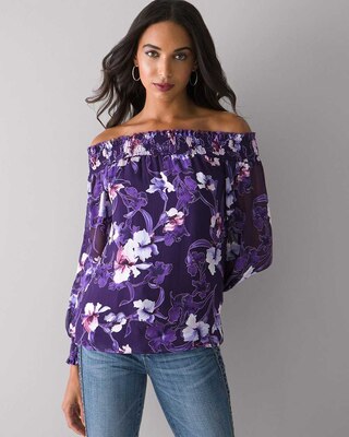 Off The Shoulder Silk Burnout Blouse click to view larger image.