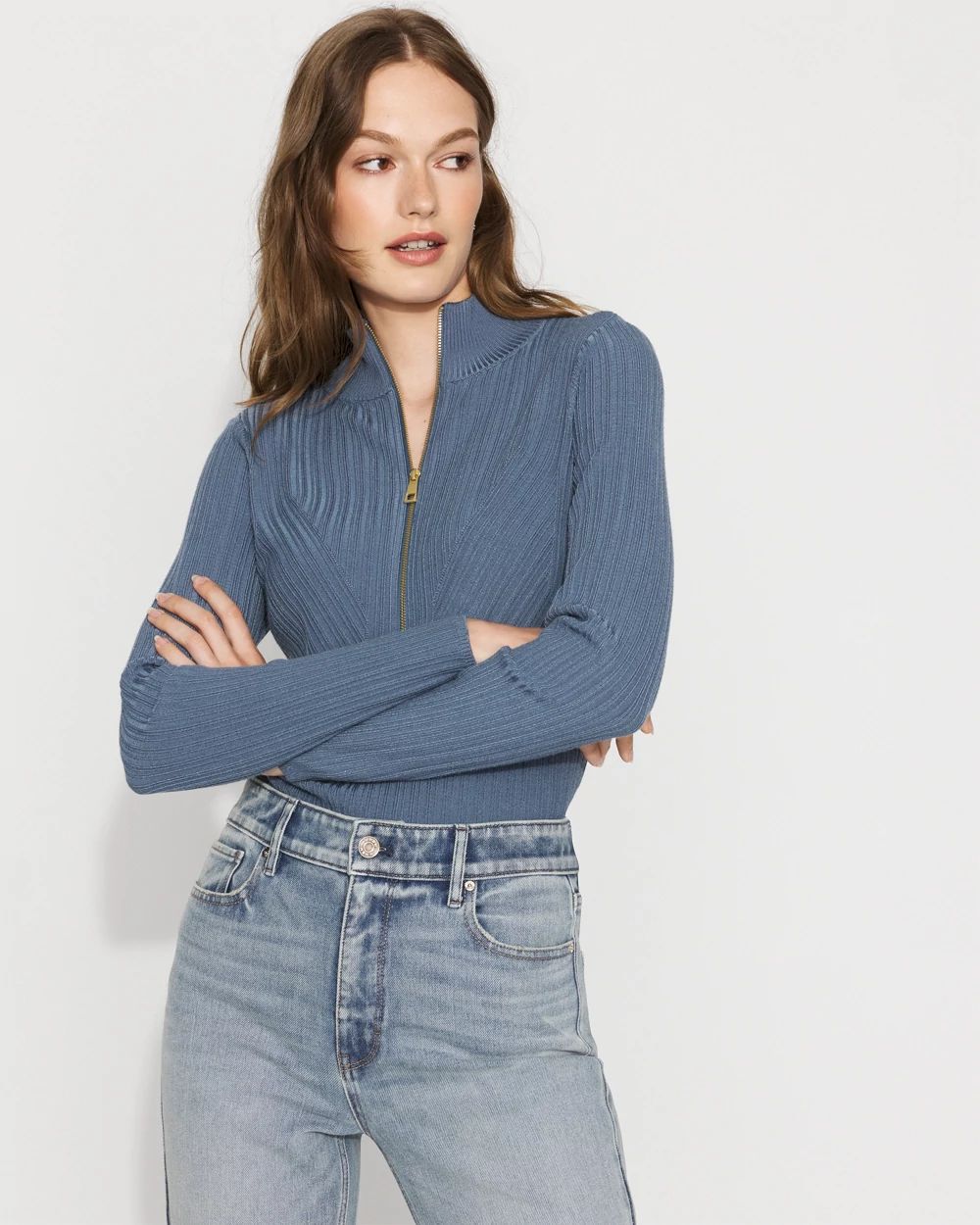 Rib Knit Half-Zip Mock Neck Sweater