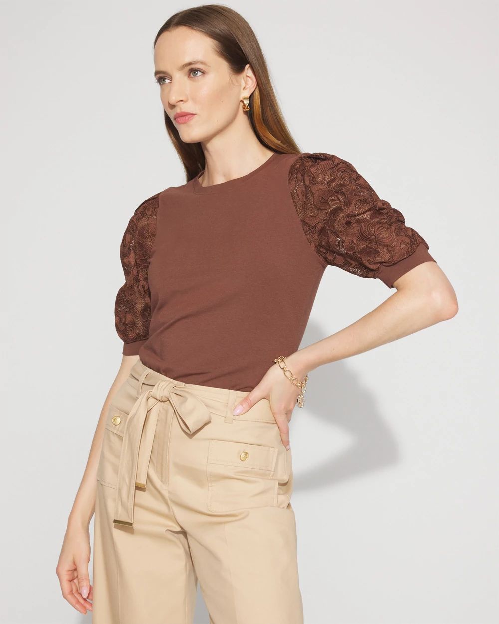 Lace Puff Sleeve Crewneck Tee