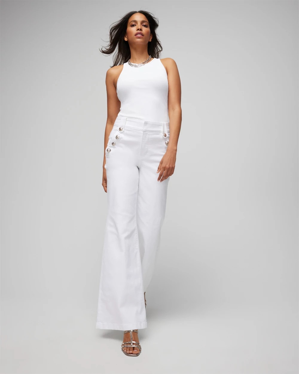 Women's White Silk Dress Shirt, White Wide Leg Pants, Light Blue Leather  Pumps, White Leather Crossbody Bag | Lookastic