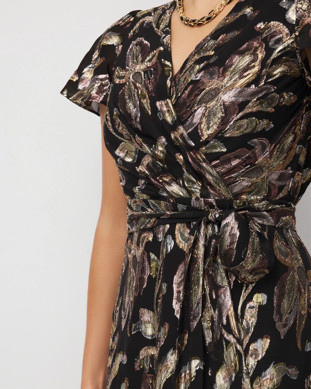 Metallic Floral Surplice Midi Dress