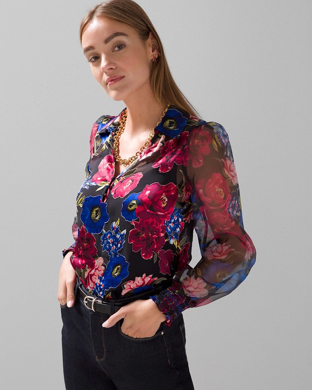 Organza Sleeve Silk Burnout Blouse