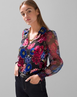 Organza Sleeve Silk Burnout Blouse