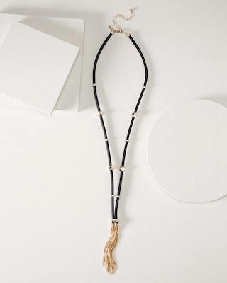 Goldtone & Black Leather Tassel Necklace click to view larger image.
