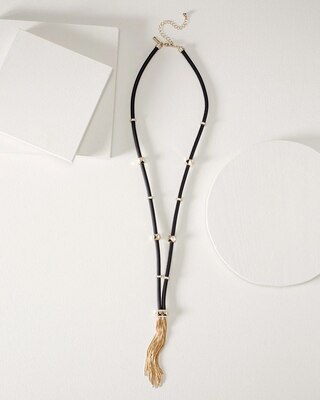 Goldtone & Black Leather Tassel Necklace