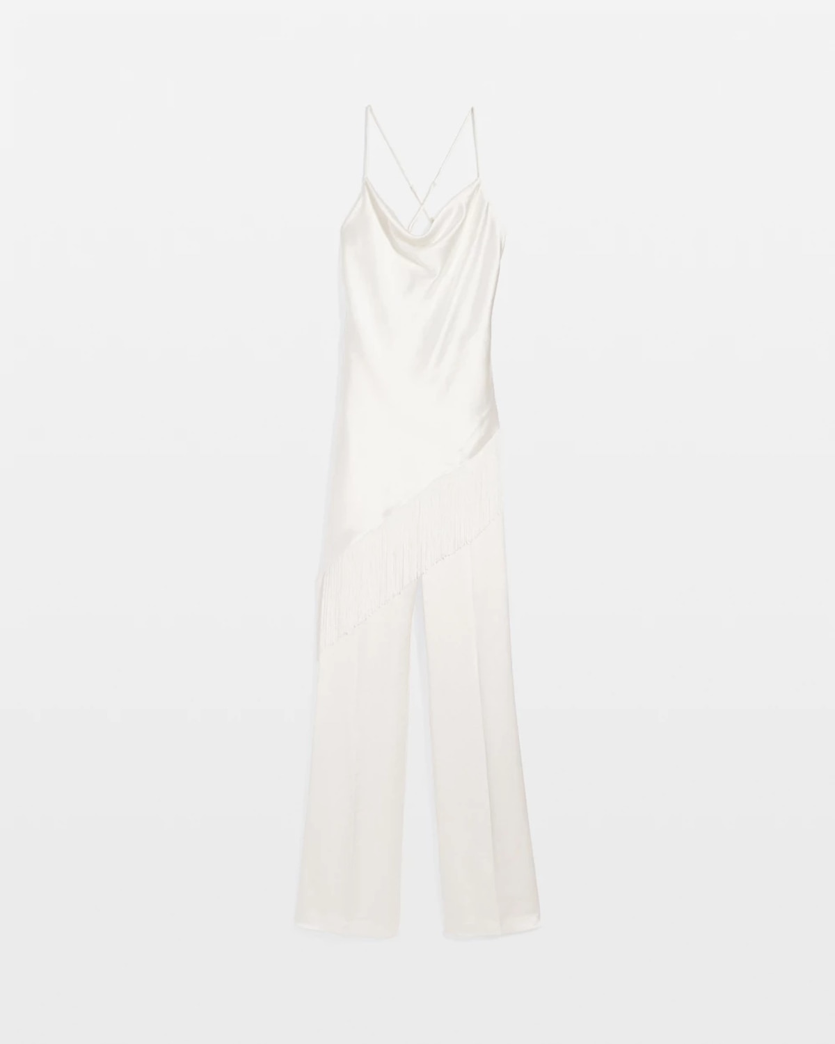 White House Black Market Fringe Satin Jumpsuit In White