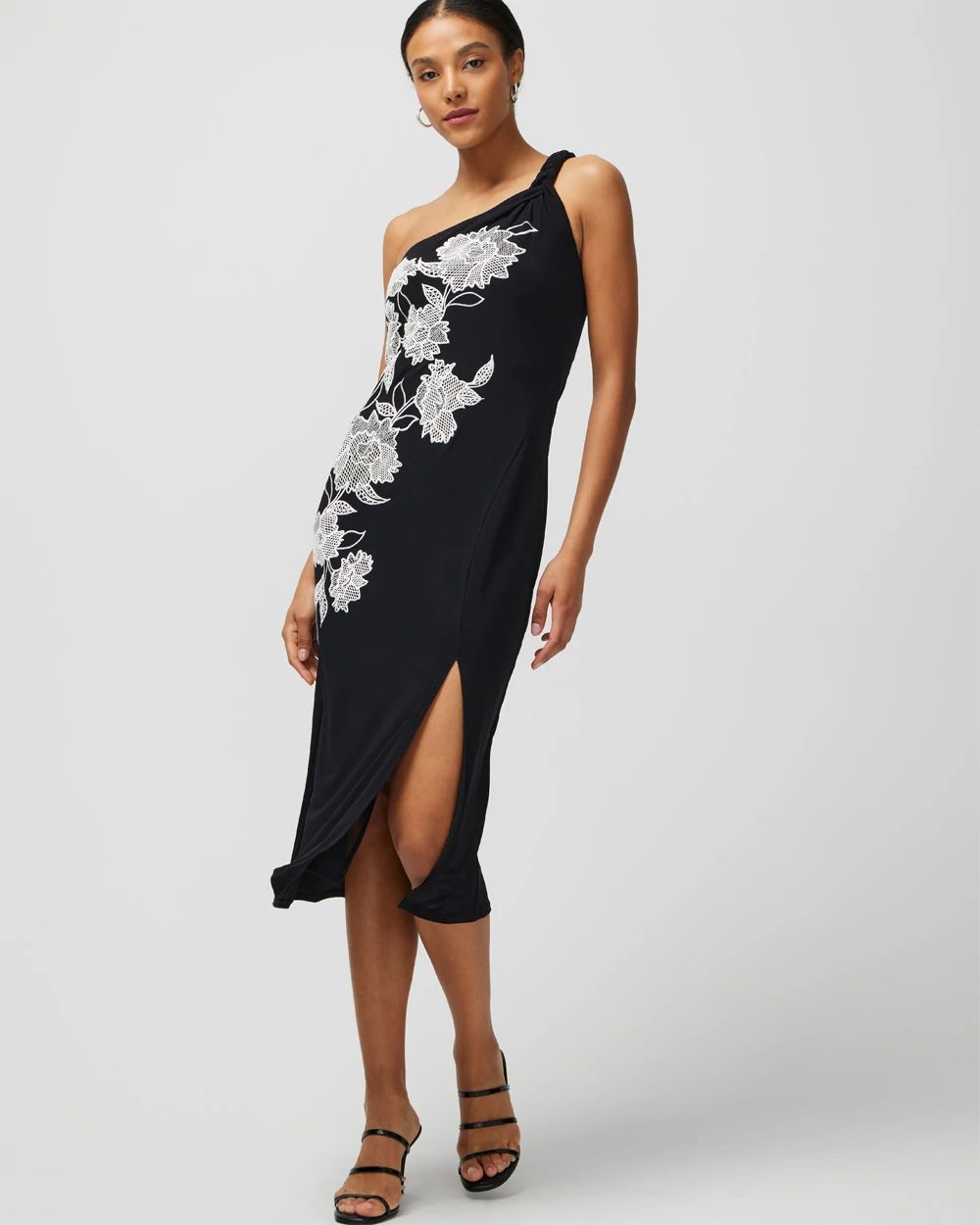 One-Shoulder Embroidered Matte Jersey Midi Dress