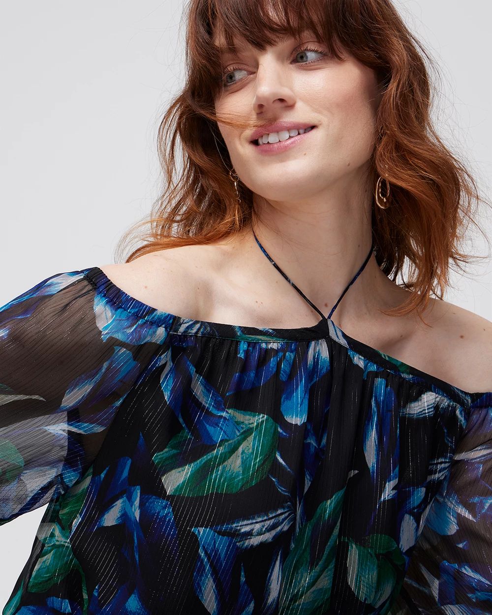 Off-the-Shoulder Metallic Cross-Neck Blouse