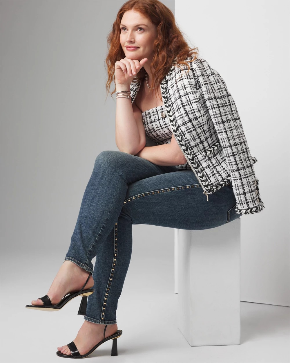 Petite Mid-Rise Everyday Soft Denim Studded Girlfriend Jeans