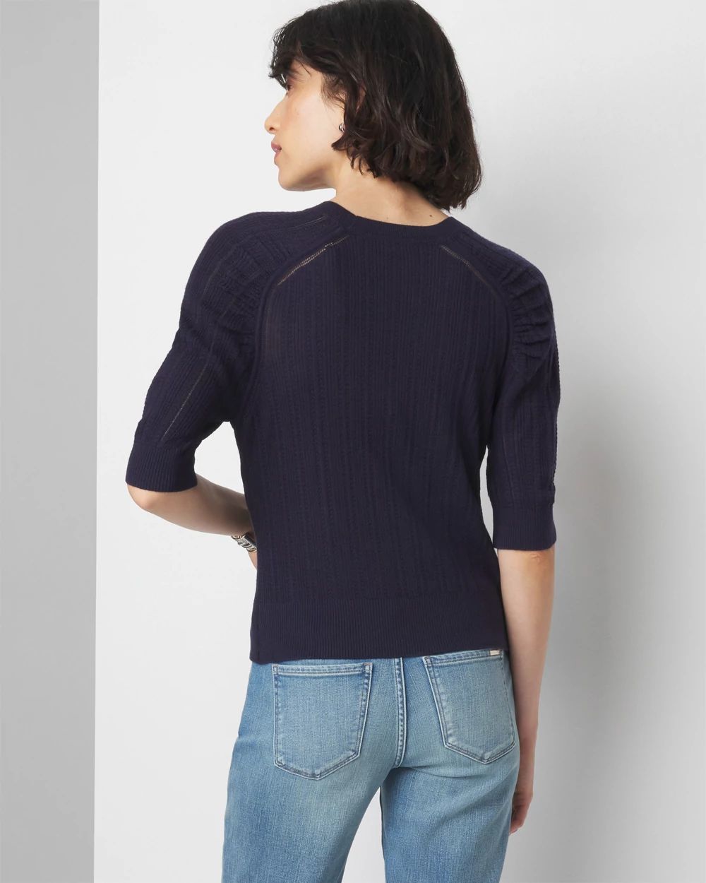Cashmere-Blend Elbow-Sleeve Shirred Sweater