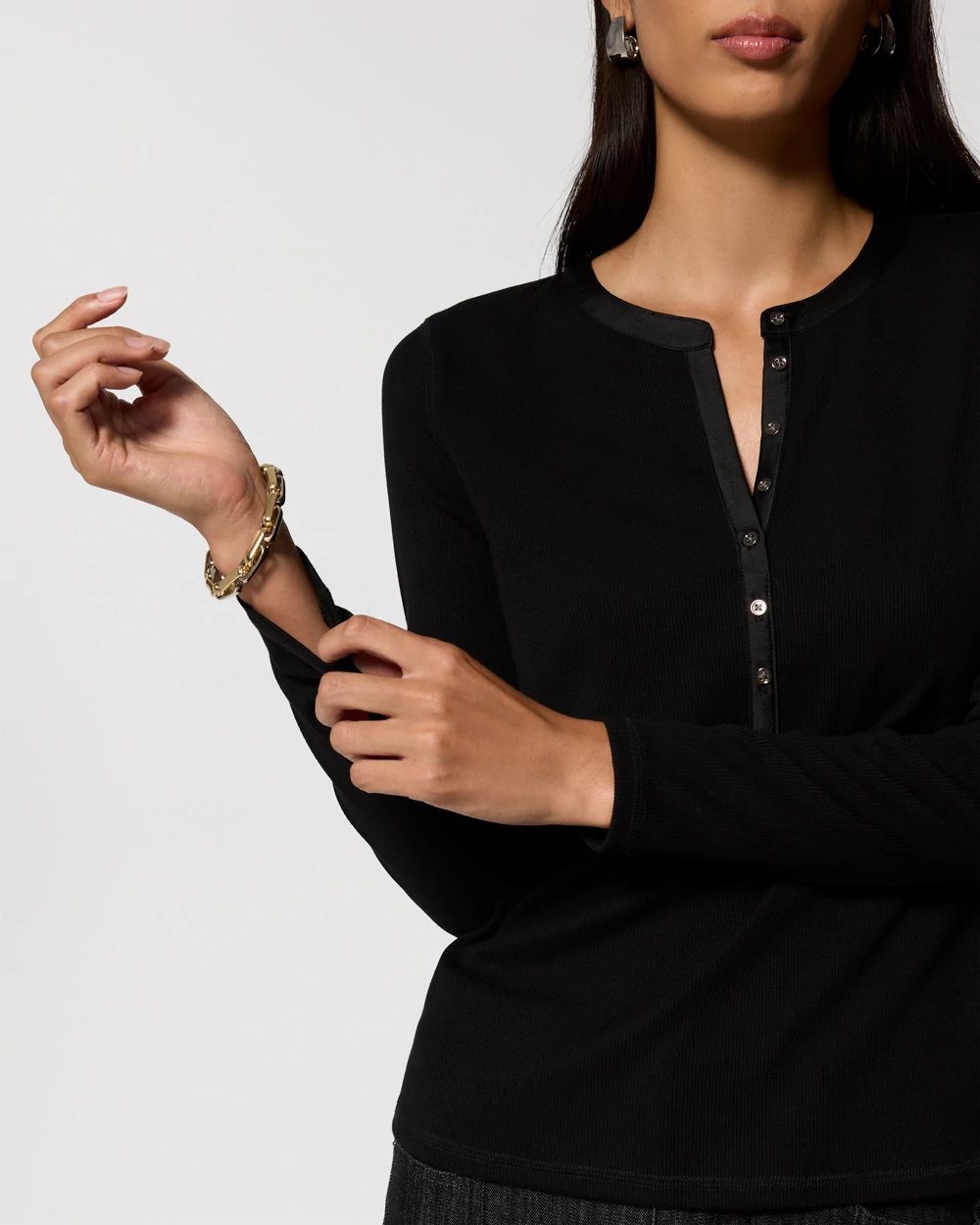 Satin Trim Henley Top click to view larger image.