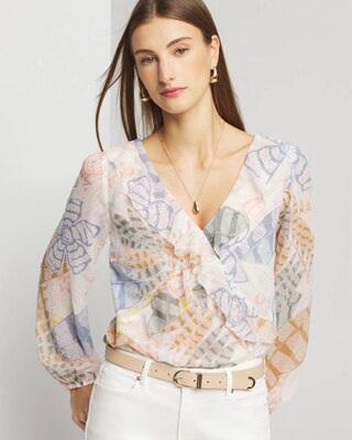 Long Sleeve V-Neck Ruffle Front Blouse