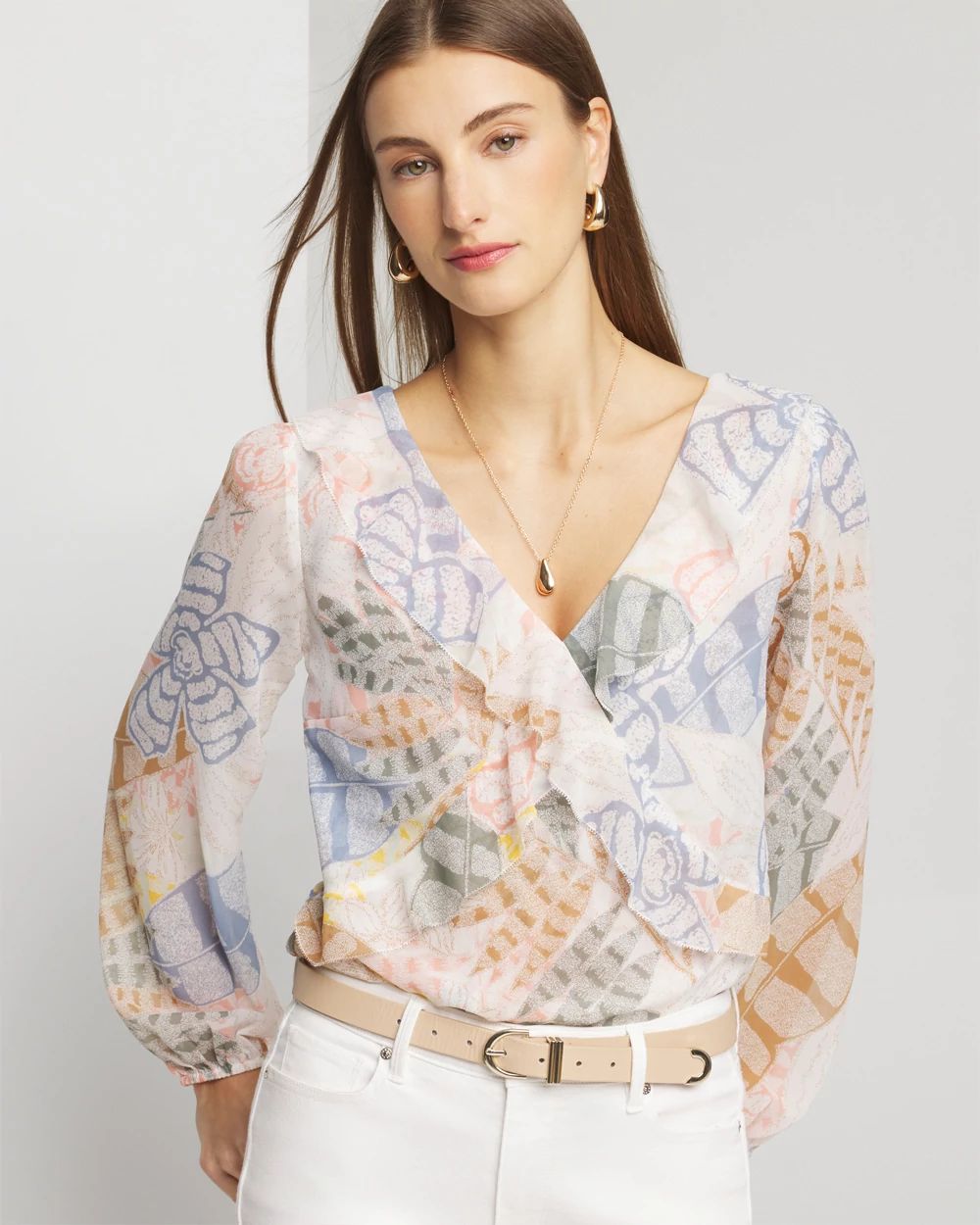 Long Sleeve V-Neck Ruffle Front Blouse