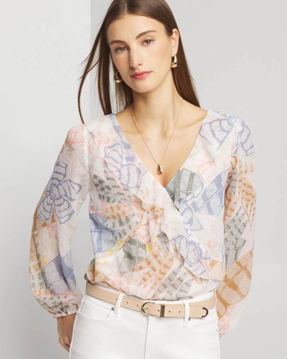 Long Sleeve V-Neck Ruffle Front Blouse | White House Black Market