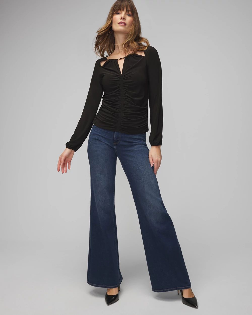 Petite Long Sleeve Ruched Chain Matte Jersey Top