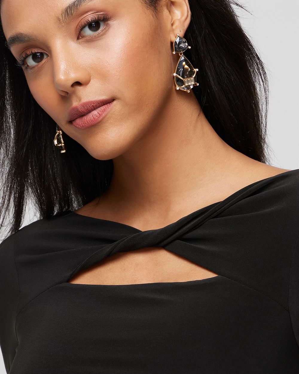 Long Sleeve Matte Jersey Ruched Twist Keyhole Dress