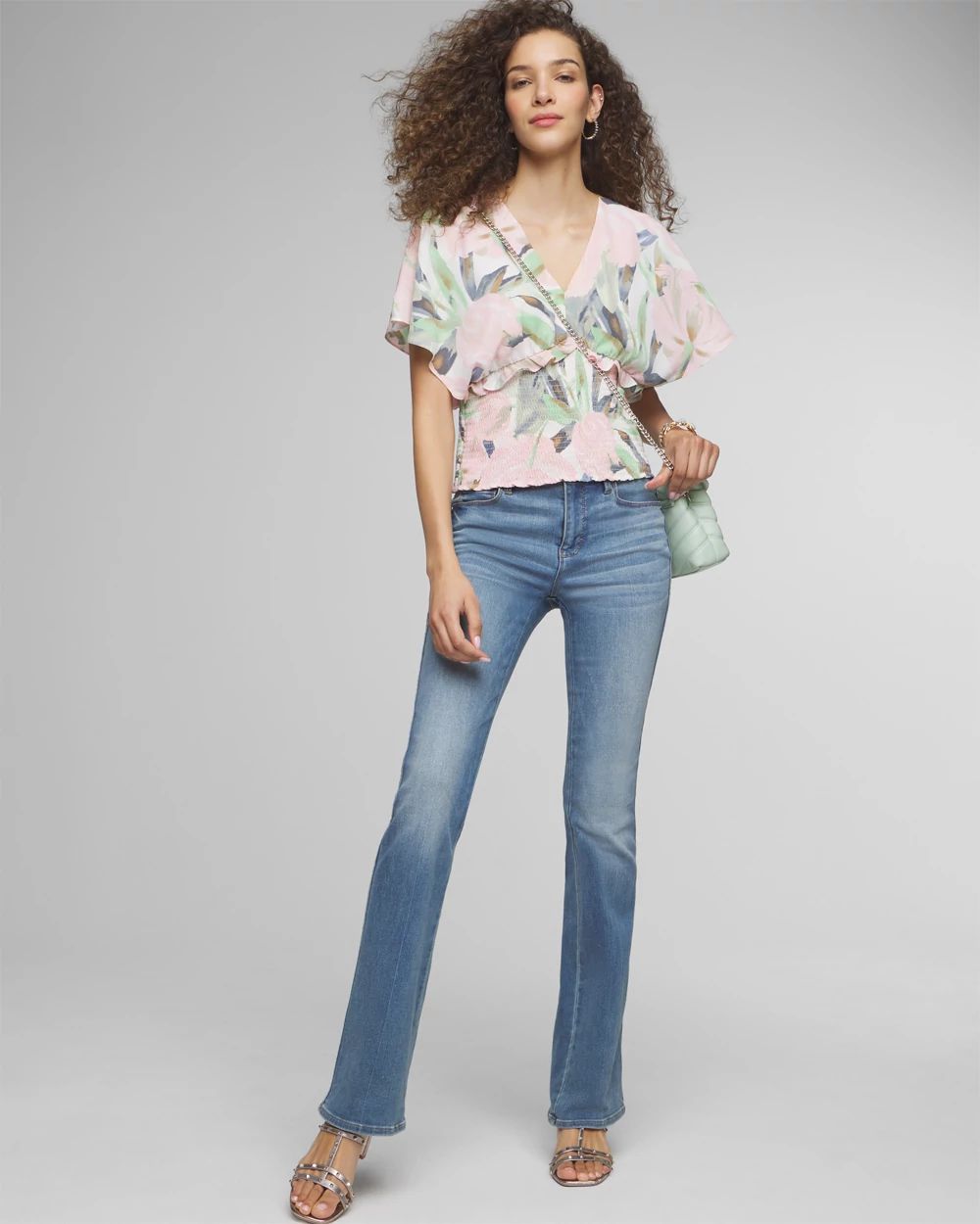 Elbow-Sleeve V-Neck Waist Detail Blouse