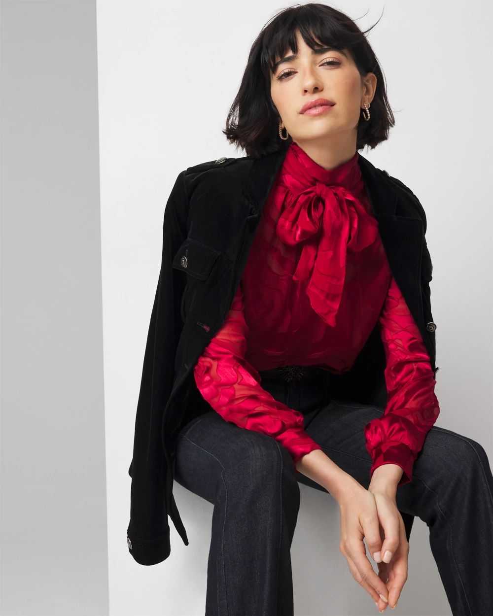 Petite Rose Print Burnout Blouse
