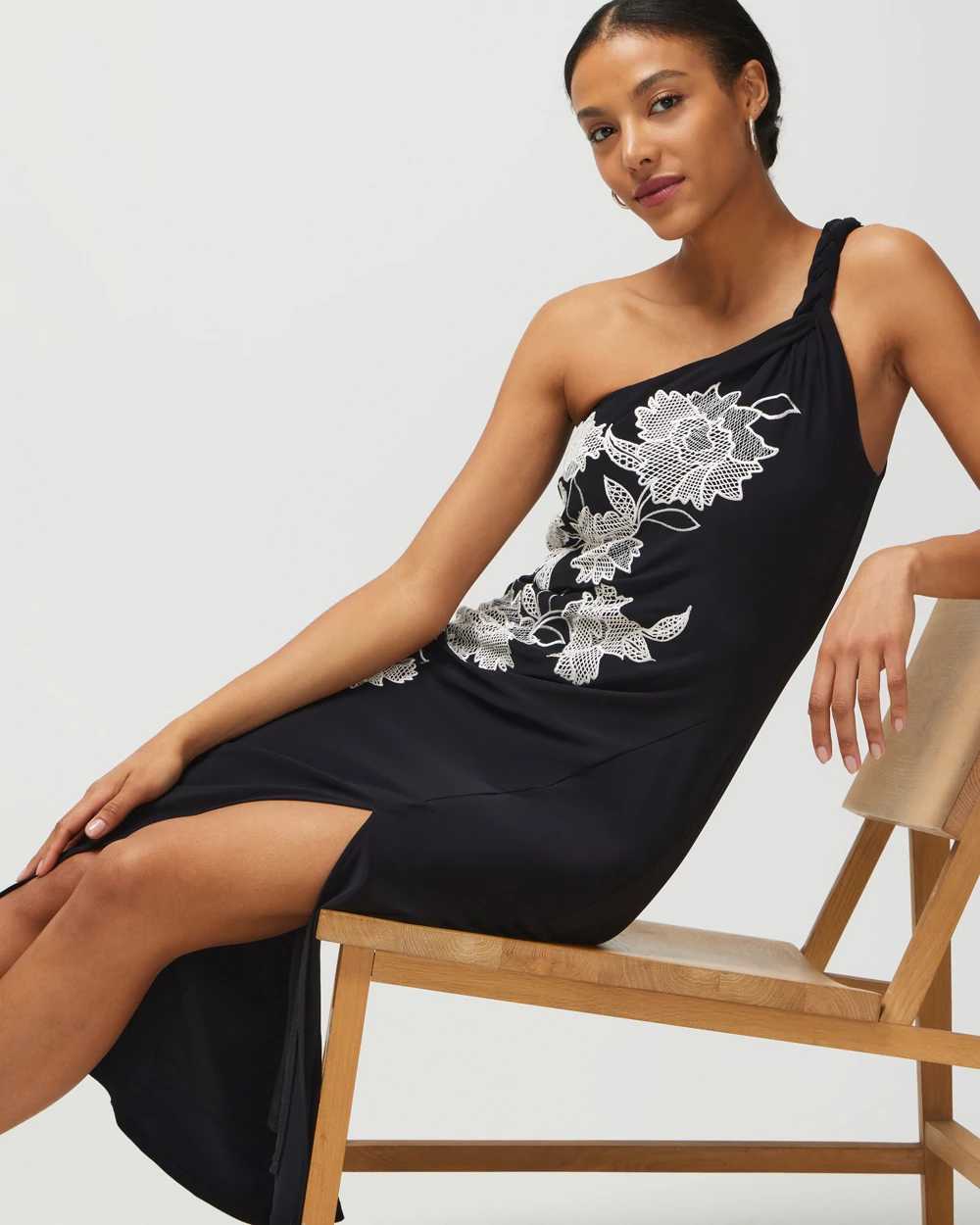 Petite One-Shoulder Embroidered Matte Jersey Midi Dress click to view larger image.