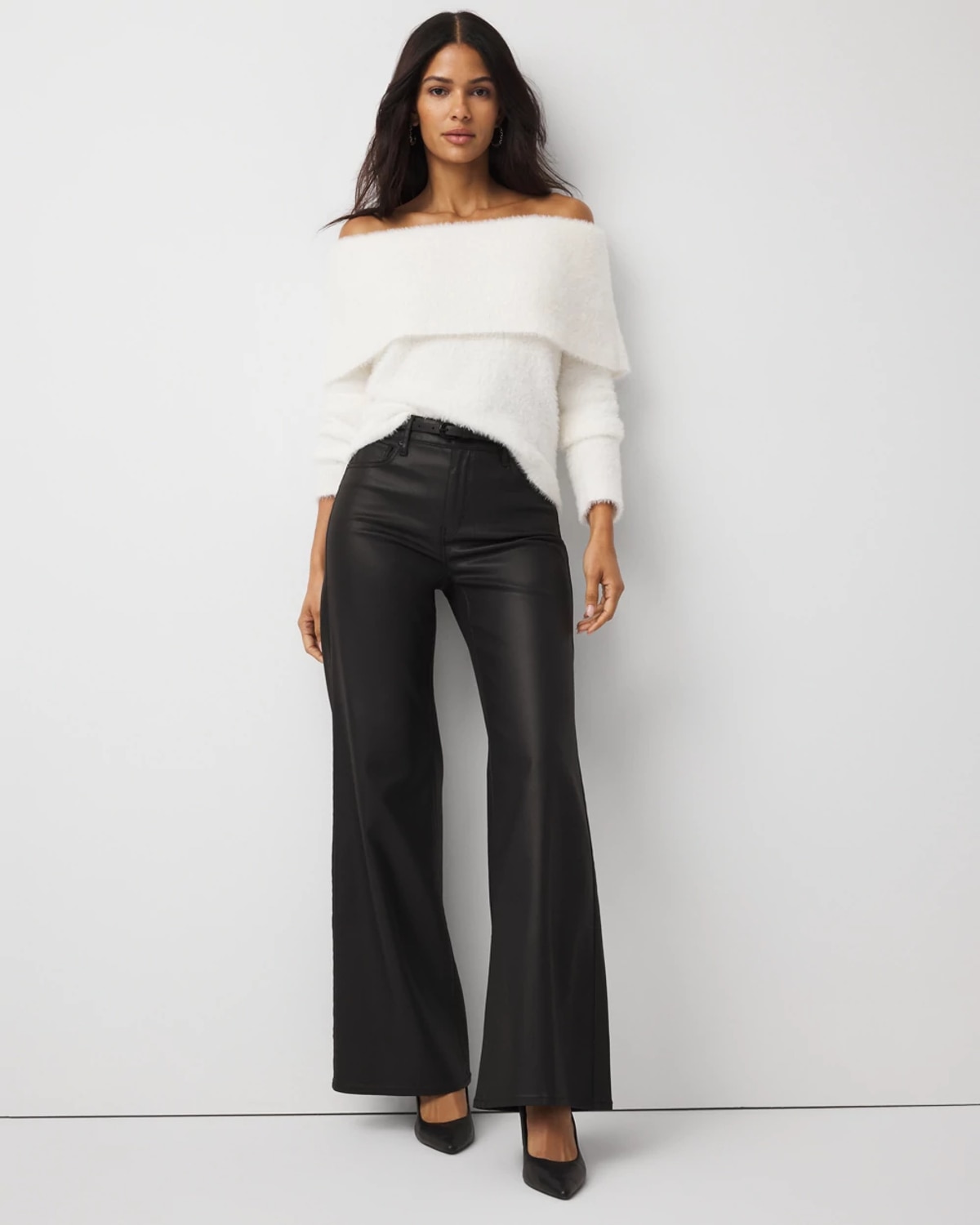 White House Black Market Coated Denim High-rise Wide Leg Jeans In Black